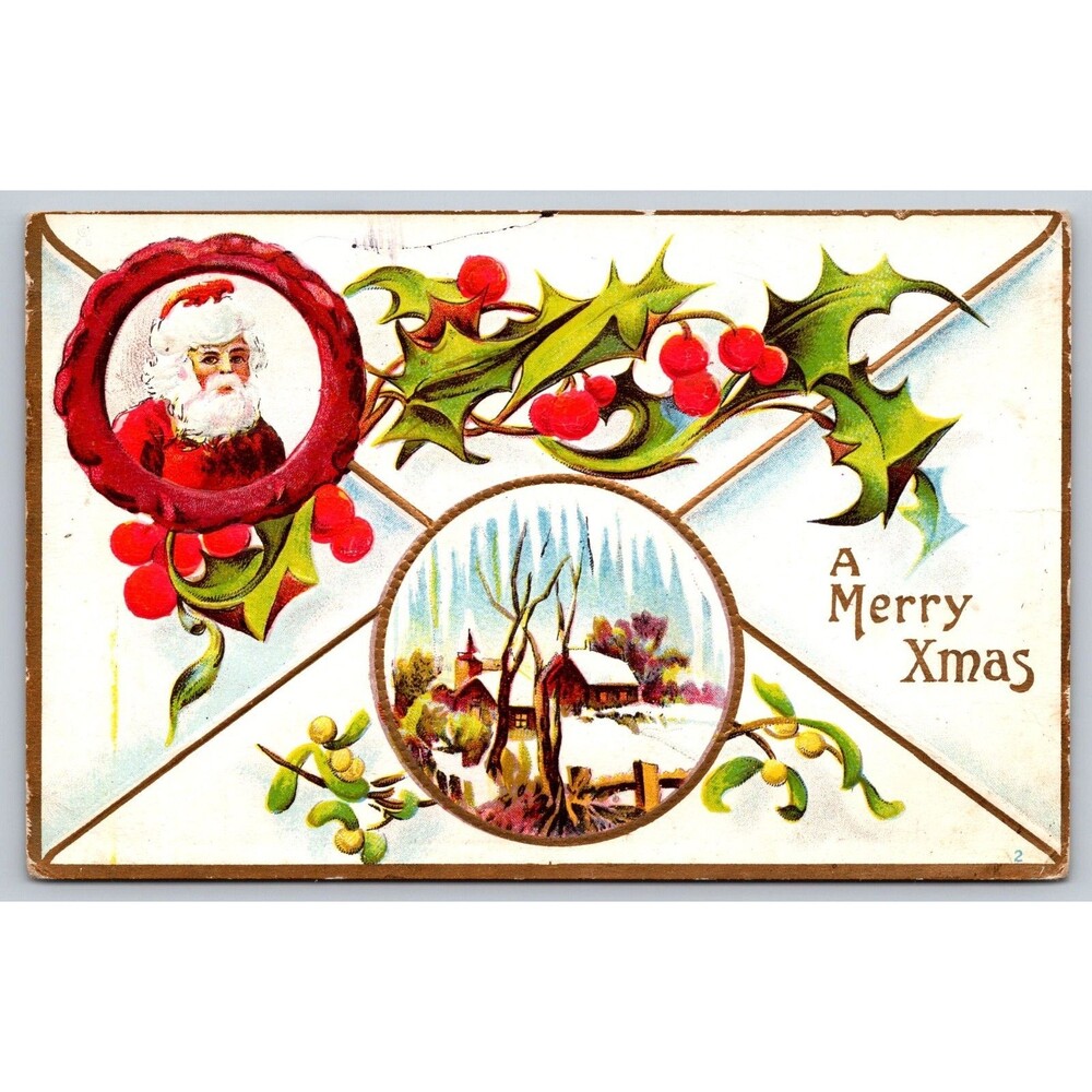 Vintage 1912 Christmas Postcard Santa Claus Winter Snow Scene Tacoma WA Embossed